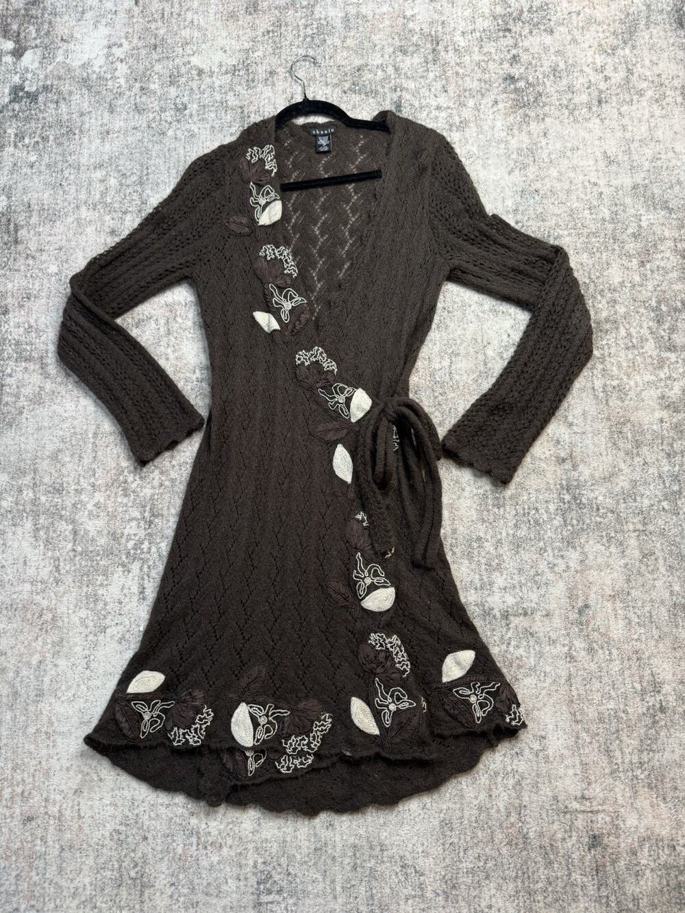 Wrap Longline Cardigan M Wrap Dress Mohair Brown Embroidered Open Knit Boho
